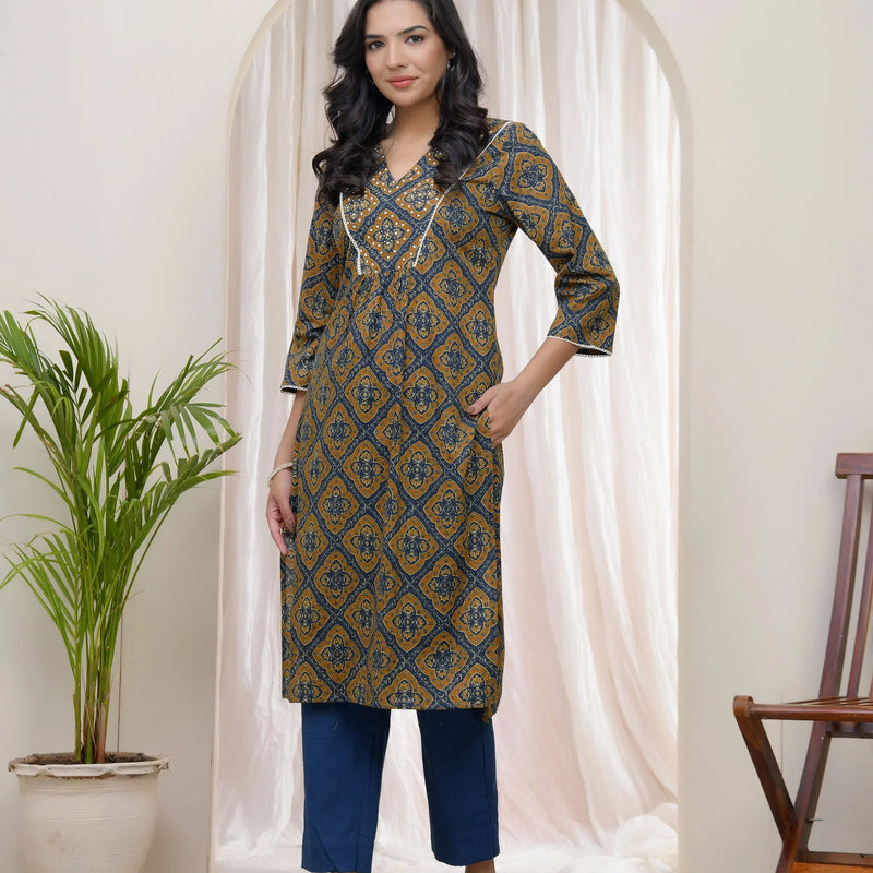Blue Ajkakh Printed Kurti With Embroidered Yoke (Set of 5 Pc)
