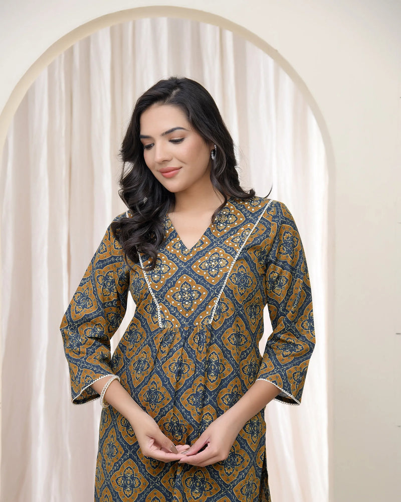 Blue Ajkakh Printed Kurti With Embroidered Yoke (Set of 5 Pc)