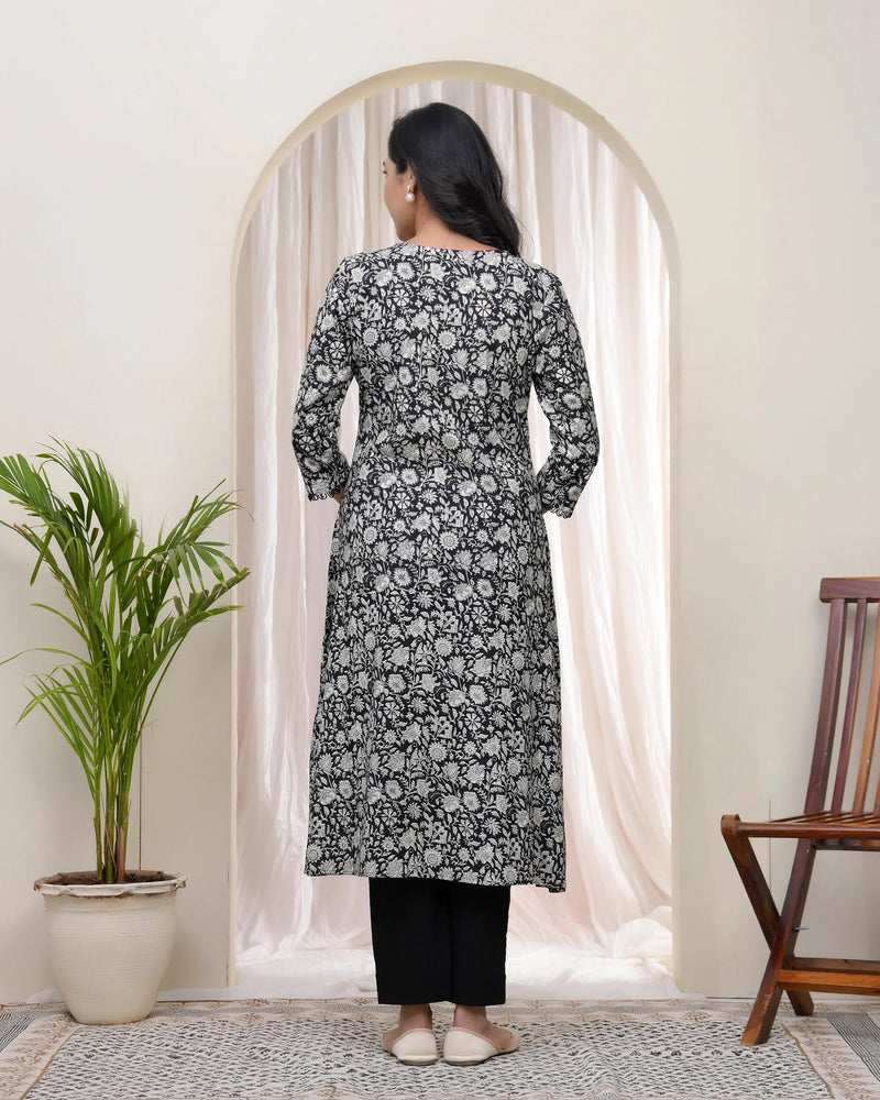 Black Floral Cotton Printed Gathered Kurti (Set of 5 Pc)
