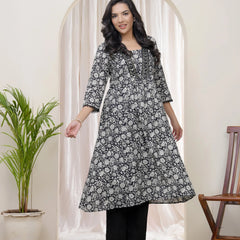 Black Floral Cotton Printed Gathered Kurti (Set of 5 Pc)