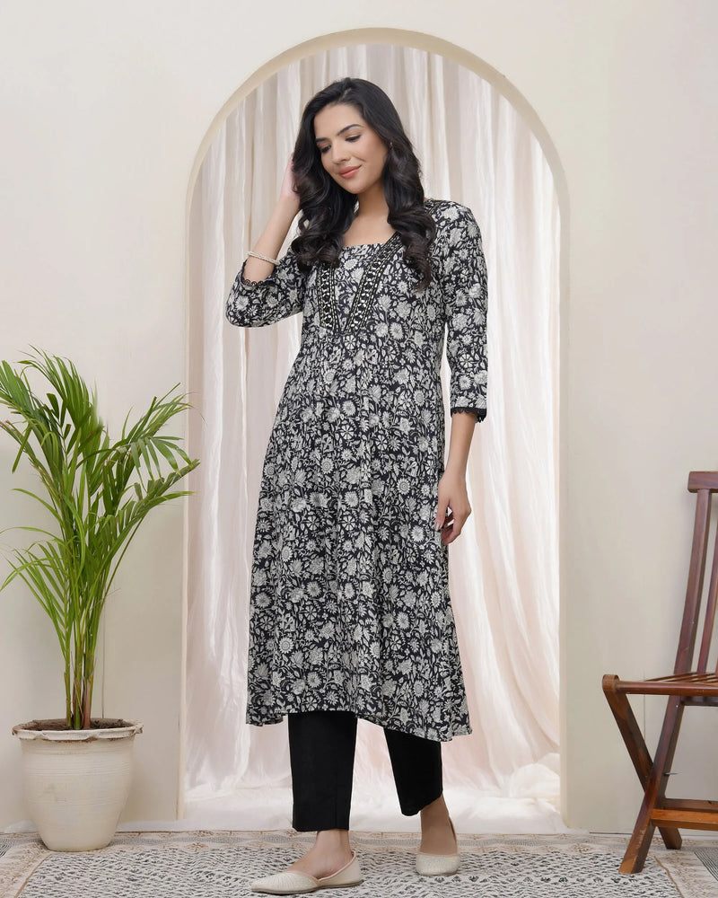 Black Floral Cotton Printed Gathered Kurti (Set of 5 Pc)