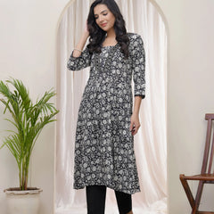 Black Floral Cotton Printed Gathered Kurti (Set of 5 Pc)