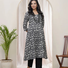 Black Floral Cotton Printed Gathered Kurti (Set of 5 Pc)