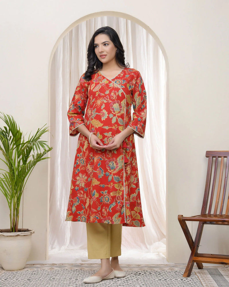 Women Red Cotton Angrakha Kurta (Set of 5 Pc)