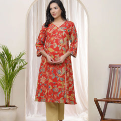 Women Red Cotton Angrakha Kurta (Set of 5 Pc)