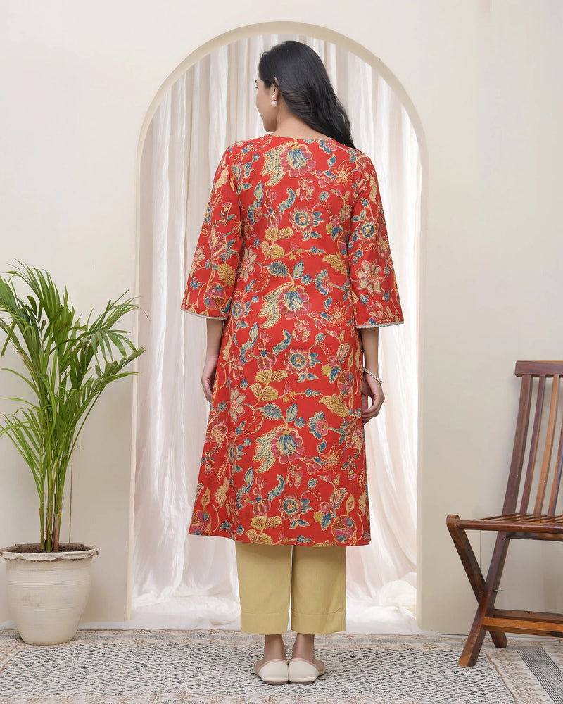 Women Red Cotton Angrakha Kurta (Set of 5 Pc)