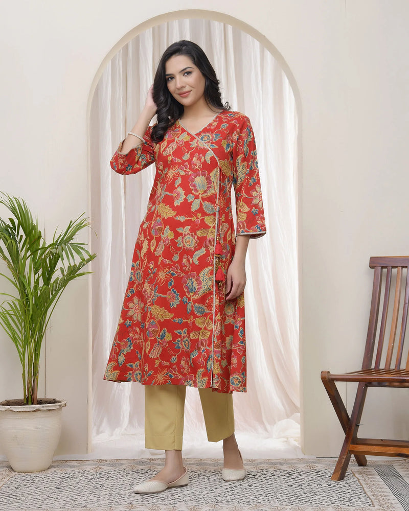 Women Red Cotton Angrakha Kurta (Set of 5 Pc)