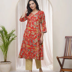Women Red Cotton Angrakha Kurta (Set of 5 Pc)