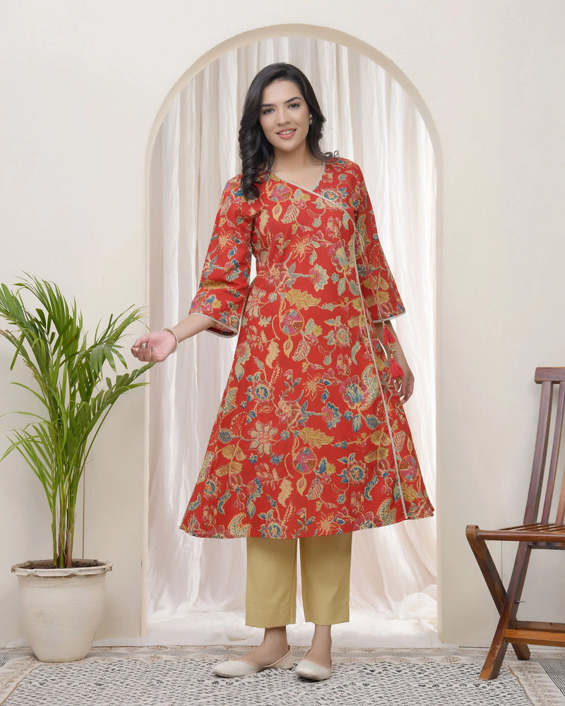 Women Red Cotton Angrakha Kurta (Set of 5 Pc)