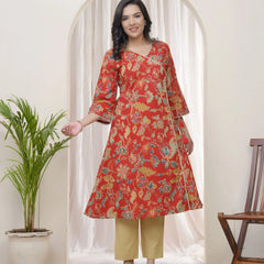 Women Red Cotton Angrakha Kurta (Set of 5 Pc)
