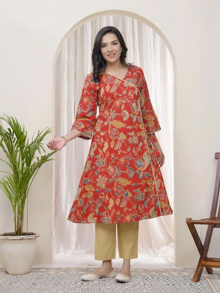 Women Red Cotton Angrakha Kurta (Set of 5 Pc)