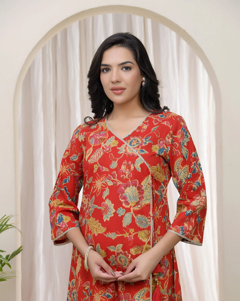 Women Red Cotton Angrakha Kurta (Set of 5 Pc)