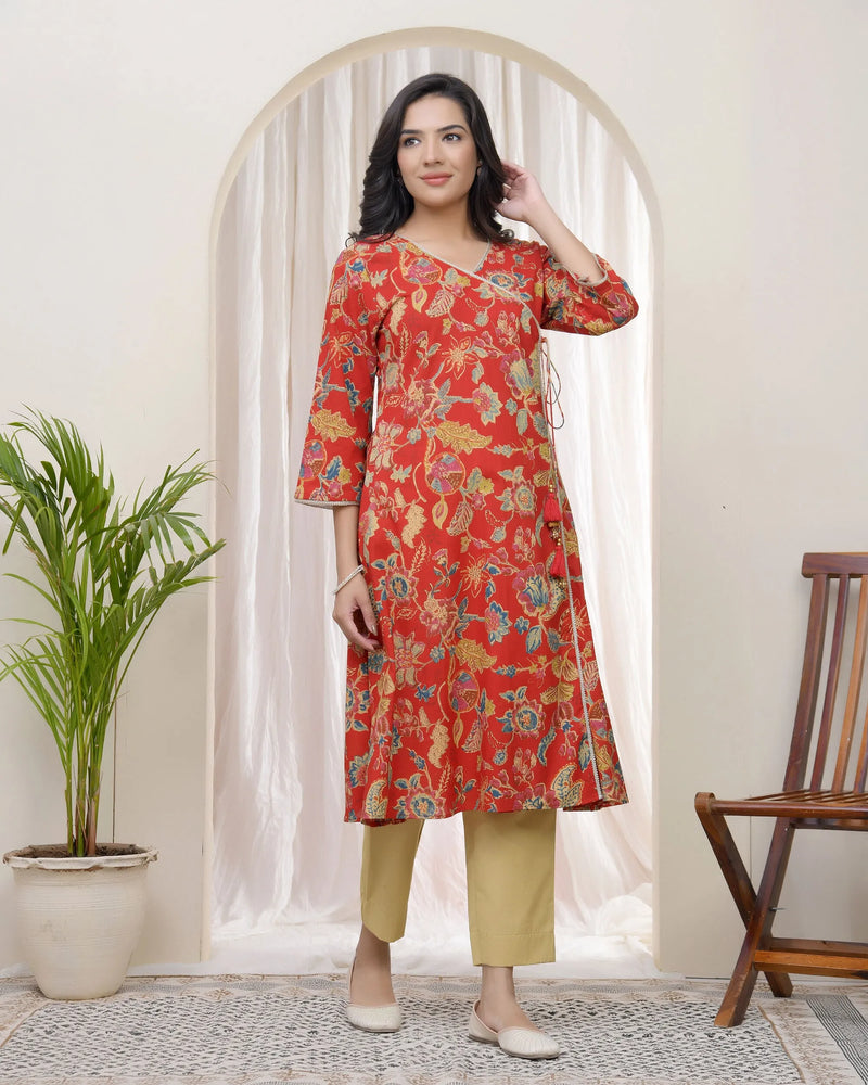 Women Red Cotton Angrakha Kurta (Set of 5 Pc)