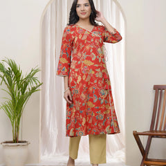 Women Red Cotton Angrakha Kurta (Set of 5 Pc)