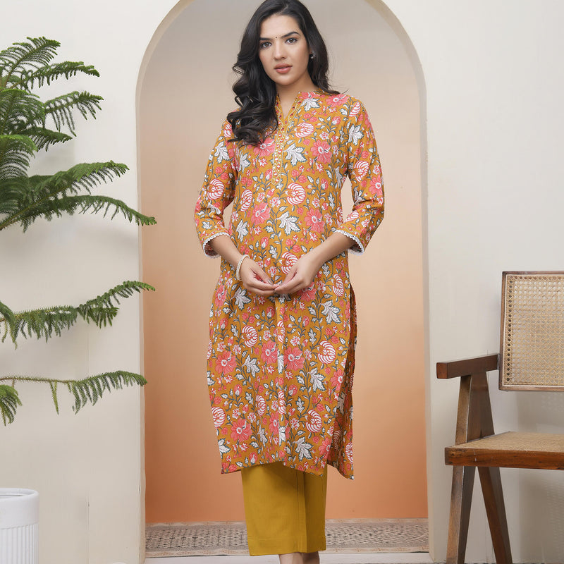 Vaasva Women Mustard Cotton Printed Straight Kurti With Pant (Set of 5 Pc)