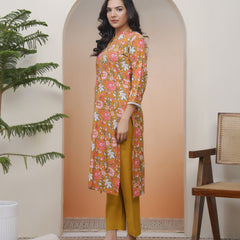 Vaasva Women Mustard Cotton Printed Straight Kurti With Pant (Set of 5 Pc)