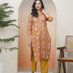 Vaasva Women Mustard Cotton Printed Straight Kurti With Pant (Set of 5 Pc)