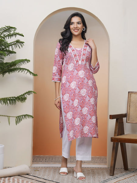 Vaasva Women Nude Pink Cotton Printed Straight Kurti With Pant (Set of 5 Pc)