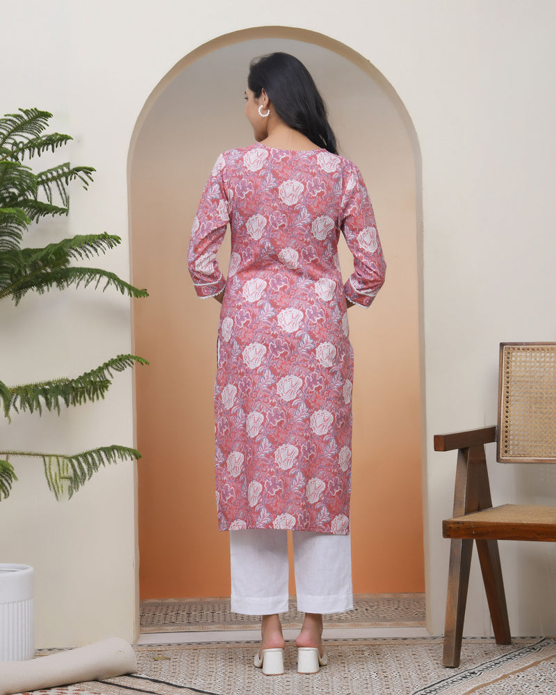 Vaasva Women Nude Pink Cotton Printed Straight Kurti With Pant (Set of 5 Pc)