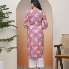 Vaasva Women Nude Pink Cotton Printed Straight Kurti With Pant (Set of 5 Pc)