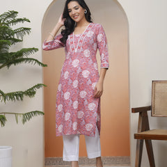 Vaasva Women Nude Pink Cotton Printed Straight Kurti With Pant (Set of 5 Pc)