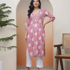 Vaasva Women Nude Pink Cotton Printed Straight Kurti With Pant (Set of 5 Pc)