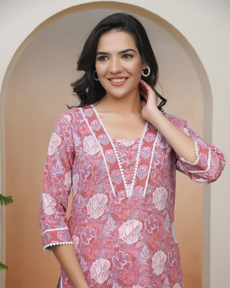 Vaasva Women Nude Pink Cotton Printed Straight Kurti With Pant (Set of 5 Pc)