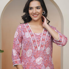 Vaasva Women Nude Pink Cotton Printed Straight Kurti With Pant (Set of 5 Pc)