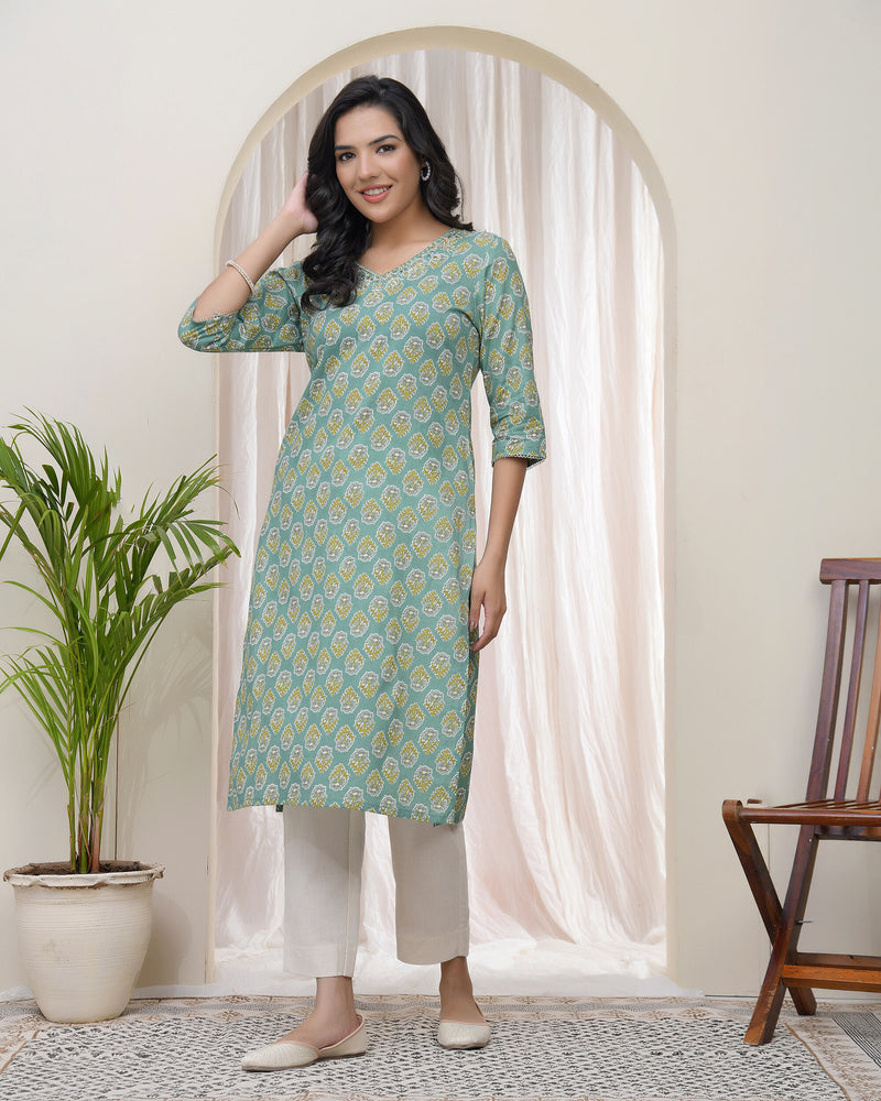 Vaasva Women Aqua Cotton printed Straight Kurti with pant (Set of 5 Pc)