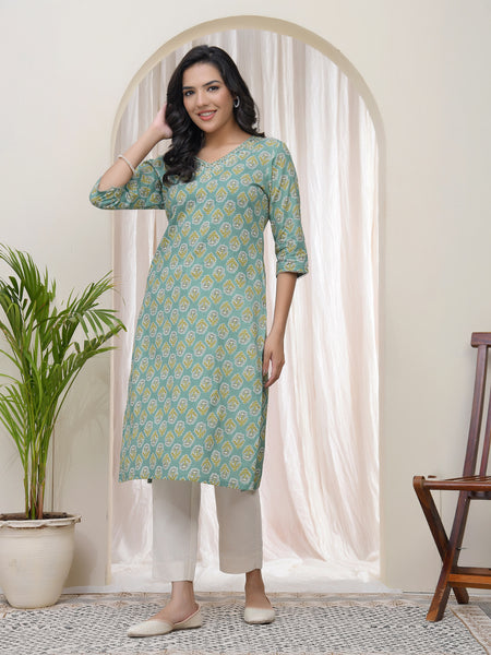 Vaasva Women Aqua Cotton printed Straight Kurti with pant (Set of 5 Pc)