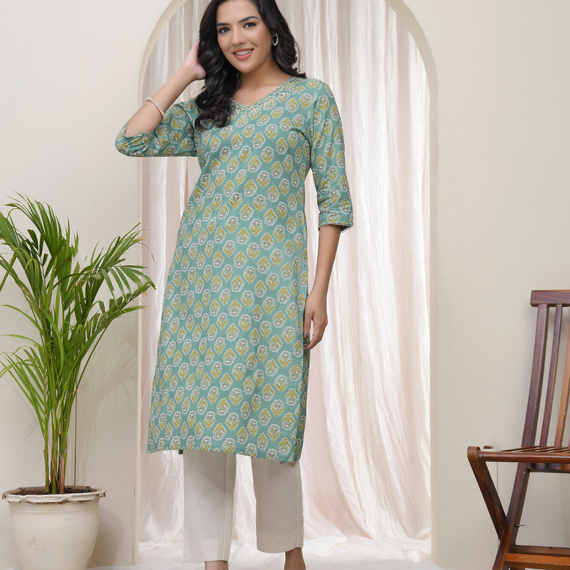 Vaasva Women Aqua Cotton printed Straight Kurti with pant (Set of 5 Pc)