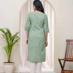 Vaasva Women Aqua Cotton printed Straight Kurti with pant (Set of 5 Pc)