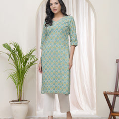 Vaasva Women Aqua Cotton printed Straight Kurti with pant (Set of 5 Pc)
