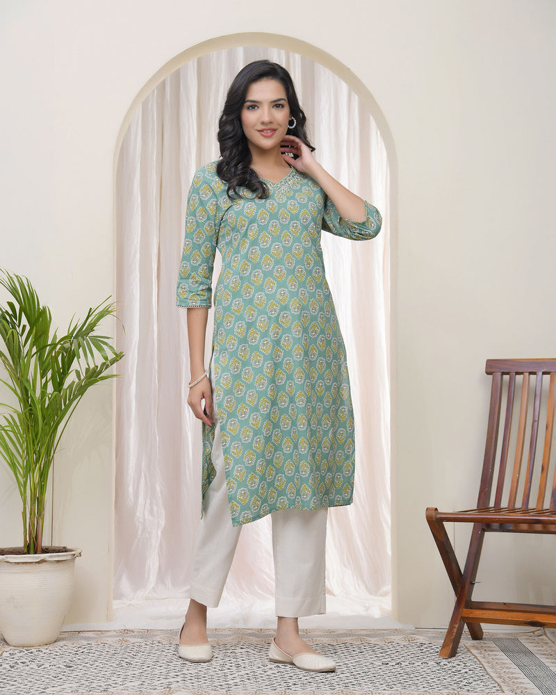 Vaasva Women Aqua Cotton printed Straight Kurti with pant (Set of 5 Pc)