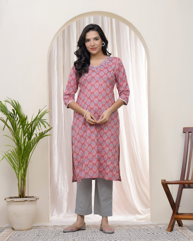Vaasva Women Pink Cotton printed Straight Kurti with pant (Set of 5 Pc)