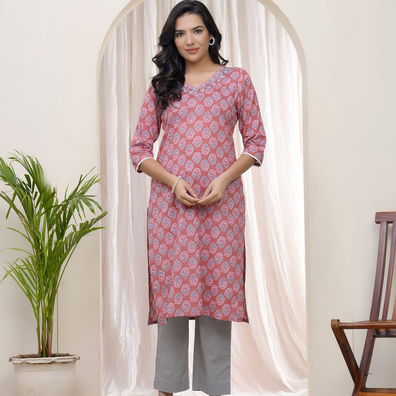 Vaasva Women Pink Cotton printed Straight Kurti with pant (Set of 5 Pc)