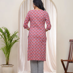 Vaasva Women Pink Cotton printed Straight Kurti with pant (Set of 5 Pc)