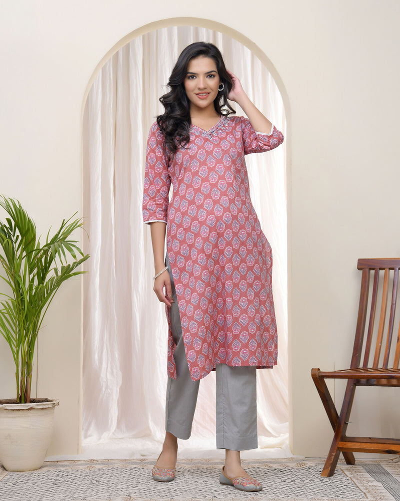 Vaasva Women Pink Cotton printed Straight Kurti with pant (Set of 5 Pc)