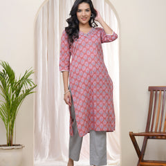 Vaasva Women Pink Cotton printed Straight Kurti with pant (Set of 5 Pc)