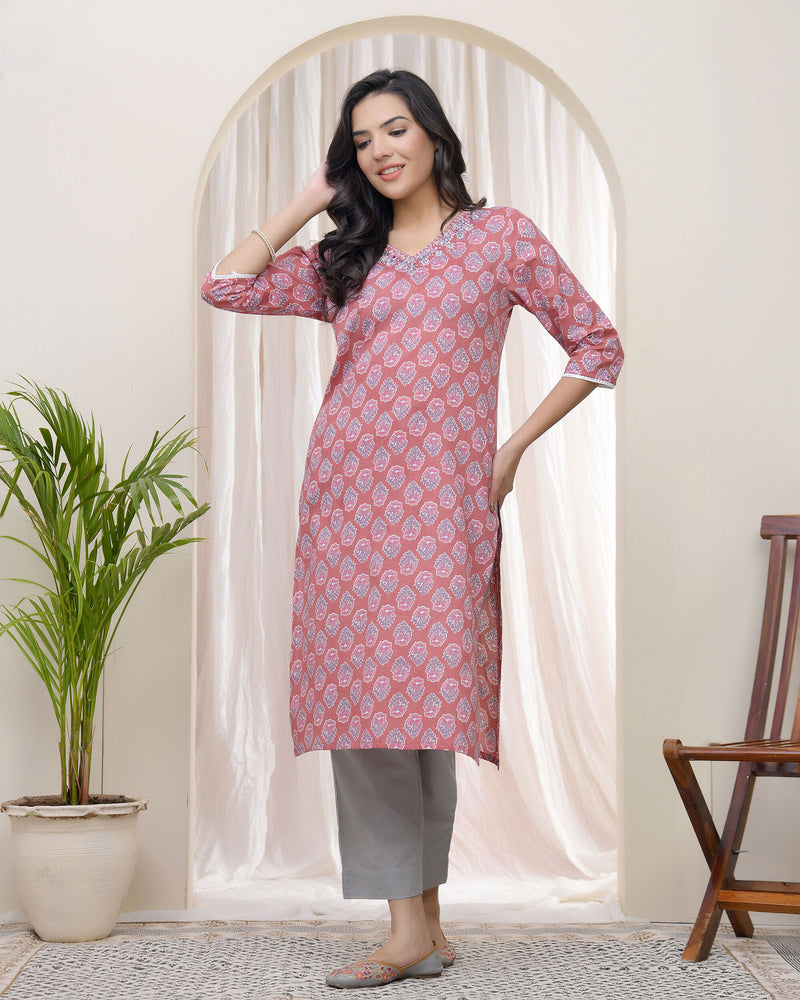 Vaasva Women Pink Cotton printed Straight Kurti with pant (Set of 5 Pc)