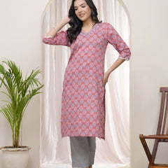 Vaasva Women Pink Cotton printed Straight Kurti with pant (Set of 5 Pc)