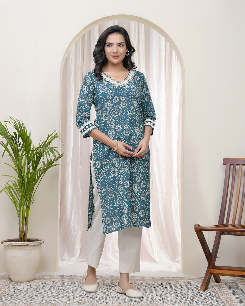 Vaasva Women Ferozi Cotton printed Straight Kurti with pant (Set of 5 Pc)