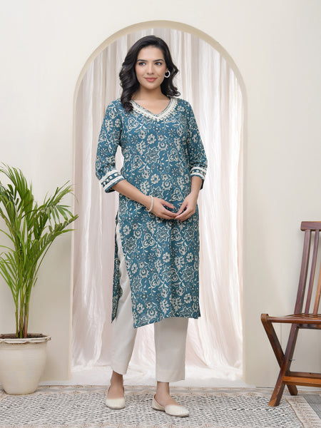 Vaasva Women Ferozi Cotton printed Straight Kurti with pant (Set of 5 Pc)