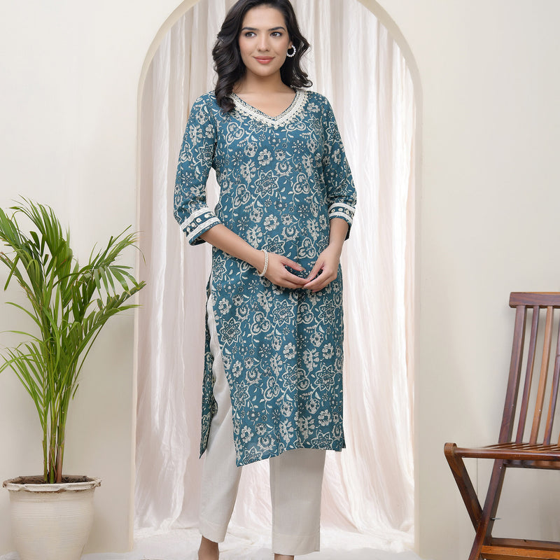 Vaasva Women Ferozi Cotton printed Straight Kurti with pant (Set of 5 Pc)