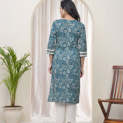 Vaasva Women Ferozi Cotton printed Straight Kurti with pant (Set of 5 Pc)