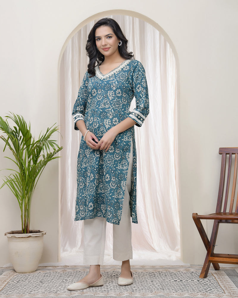 Vaasva Women Ferozi Cotton printed Straight Kurti with pant (Set of 5 Pc)