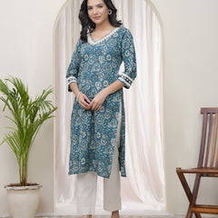 Vaasva Women Ferozi Cotton printed Straight Kurti with pant (Set of 5 Pc)