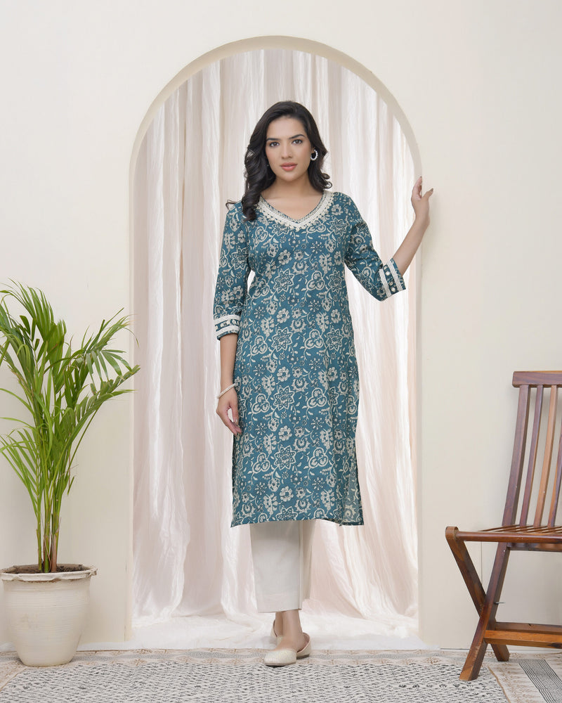 Vaasva Women Ferozi Cotton printed Straight Kurti with pant (Set of 5 Pc)