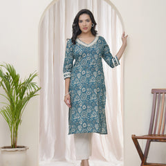 Vaasva Women Ferozi Cotton printed Straight Kurti with pant (Set of 5 Pc)
