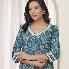 Vaasva Women Ferozi Cotton printed Straight Kurti with pant (Set of 5 Pc)